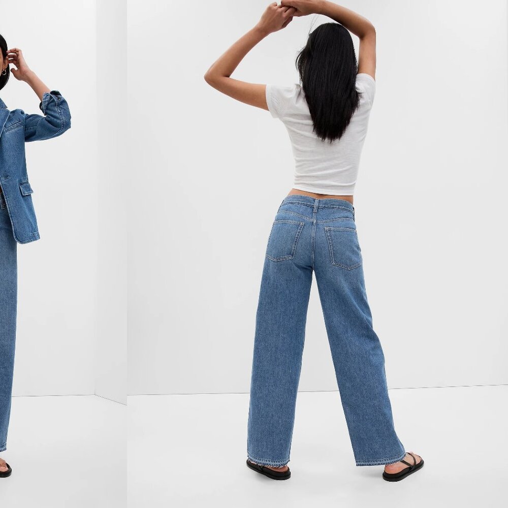 GAP low rise stride wide-leg jeans in medium indigo (14R/32) - Picture 2 of 13